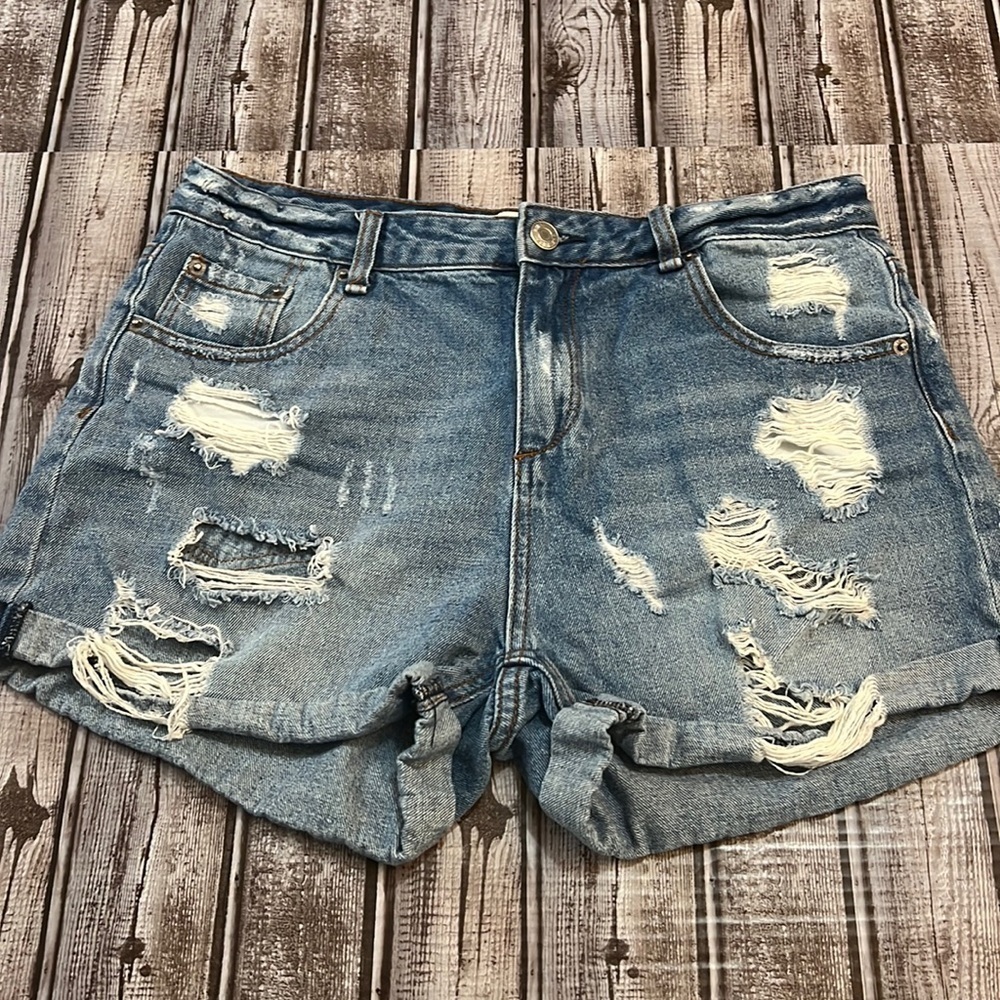 Blank Paige Denim Collection Mid Wash High Rise Distressed Fold Over Shorts Med